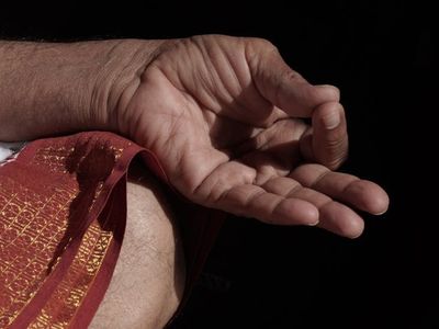 Close-up of hands in a mudra position.